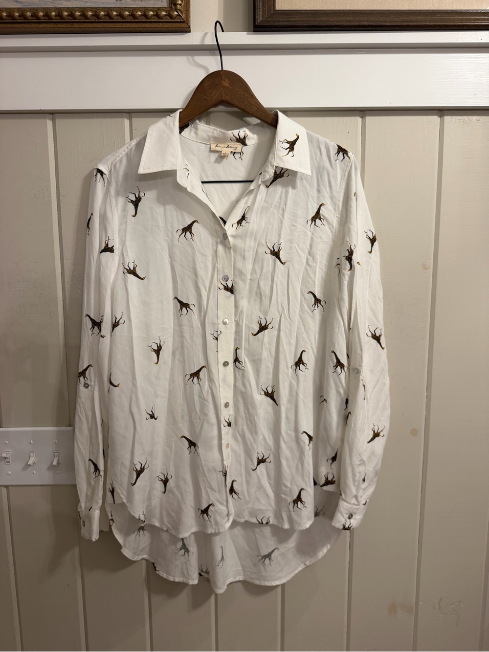 Jane and Delancey White Button-Down Shirt with Brown Giraffe Print